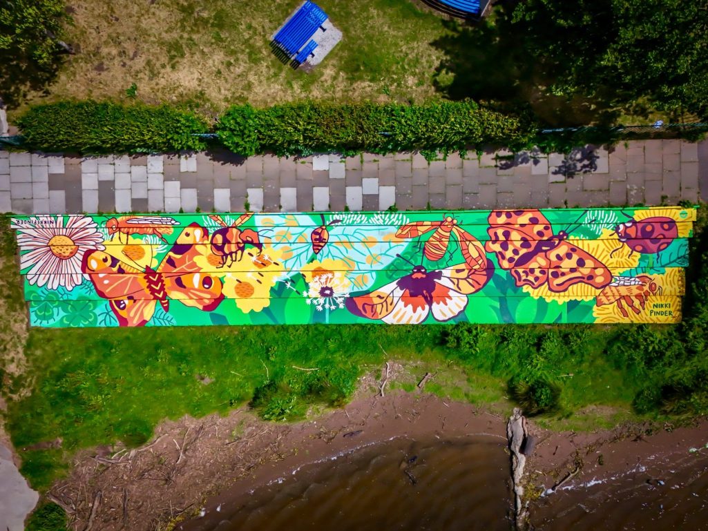 Vibrant mural featuring butterflies and flowers on a green background by a water’s edge.